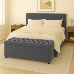 150cm Chesterfield Plush Velvet Steel Grey Upholstered Storage Ottoman Bench - Deep Tufted Lid & Wooden Leg