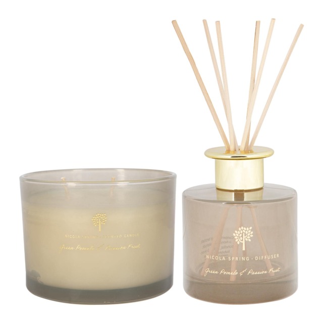 Nicola Spring Scented Candle & Reed Diffuser Set - 350g - Green Pomelo & Passion Fruit Grey Grey