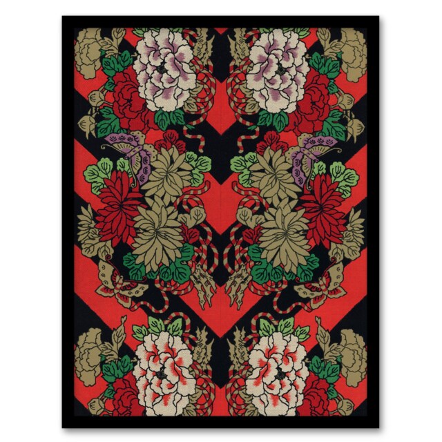 "Japanese Red Fan Floral Pattern Audsley Vintage Framed Wall Art Print 12X16"""