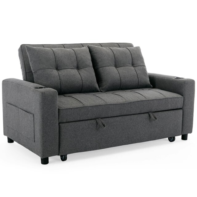 Hudson 2-Seater Sofa Bed Linen Fabric with Cup Holders (Grey)
