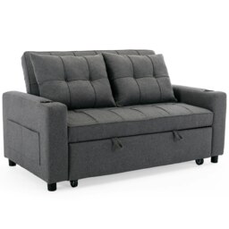 Hudson 2-Seater Sofa Bed Linen Fabric with Cup Holders (Grey)