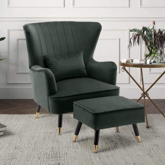 Velvet Bottle Green Camila Accent Wingback Chair with Footstool