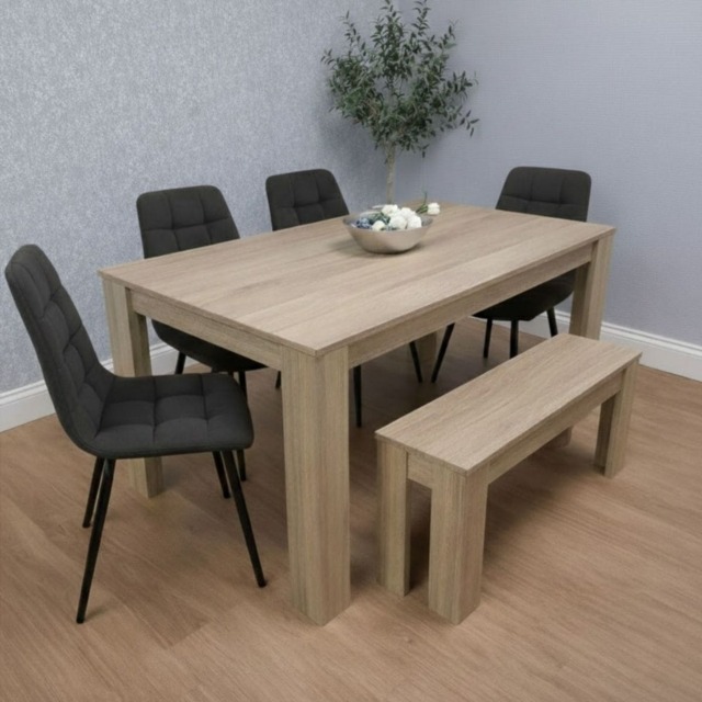 Dining Table and 4 Chairs With Bench Oak Effect Wood 4 Black Velvet Chairs Dining Room