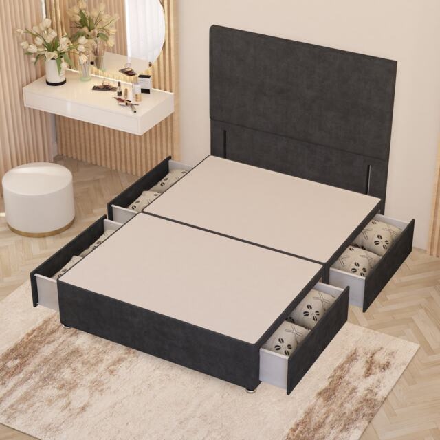 Divan Bed Base with 4 Drawers & Plain Floor Standing Headboard Plush Velvet Grey Charcoal