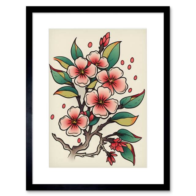 "Cherry Blossom Branch Flowers Tattoo Ink Rockabilly 50s 9x7"" Black Framed Wall Art Print"