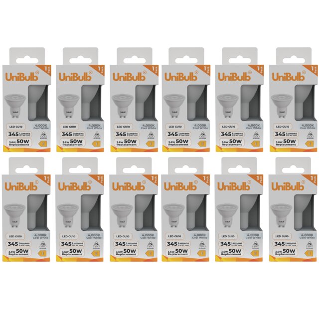 UniBulb LED GU10 345lm 3.6W (Replaces 50W) 4000K (Cool White) Spotlight Downlight Light Bulb - Pack of 12 White Cool White 12