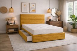 Divan Bed Set Headboard and Footboard with Mattress 6ft Superking Mustard Suede Storage No Drawers