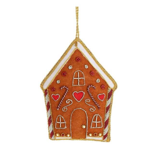 Sass & Belle Hanging Christmas Decoration Embroidered Gingerbread House Zari