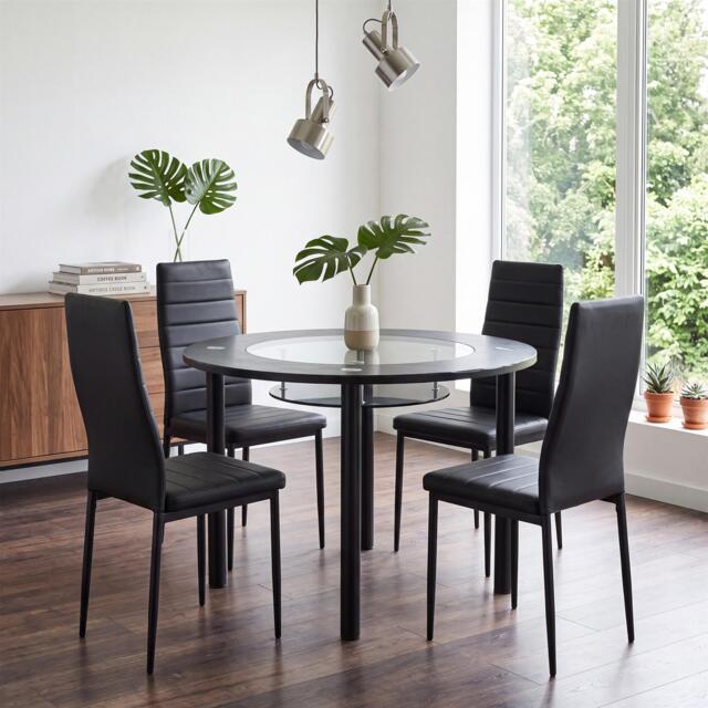 Round Black Glass Dining Table with 4 Black Chairs Modern Dining Room Furniture Set Black One Size 5