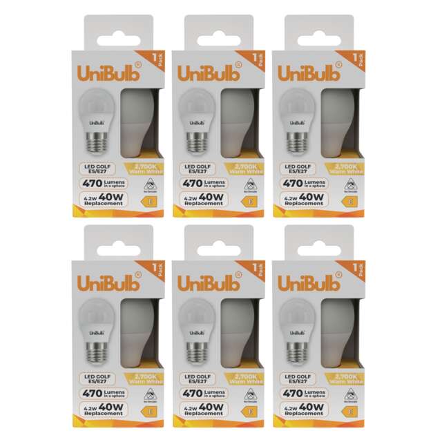 UniBulb LED Golf Ball E27 Edison Screw (ES) 470lm 4.2W (Replaces 40W) 2700K (Warm White) Light Bulb - Pack of 6