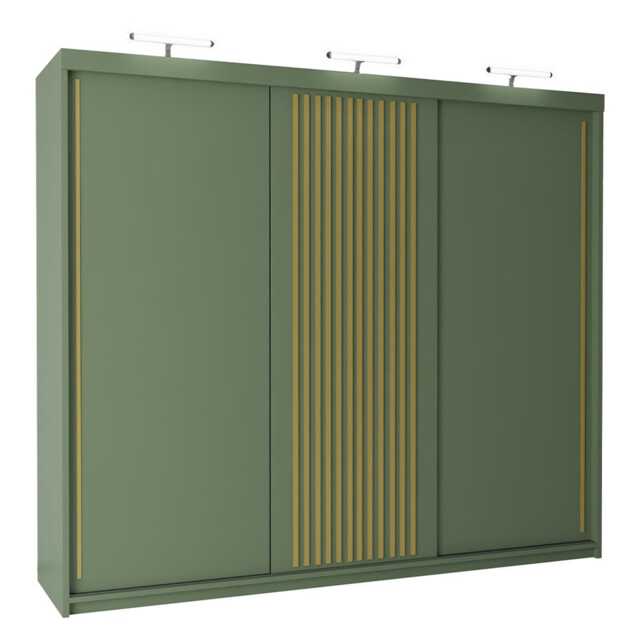 Modern Green Sliding Wardrobe with Rose Gold Strips Clothes Storage Cabinet