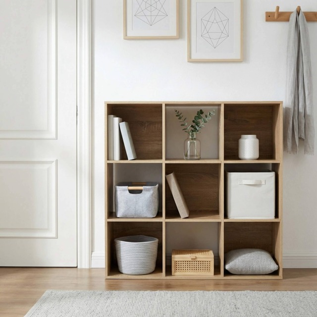 Jane - 3x3 Bookcase - Cube storage boxes (Oak)