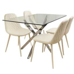 Glass Dining Table with 4 cream Faux Leather Chairs Dining Room Furniture