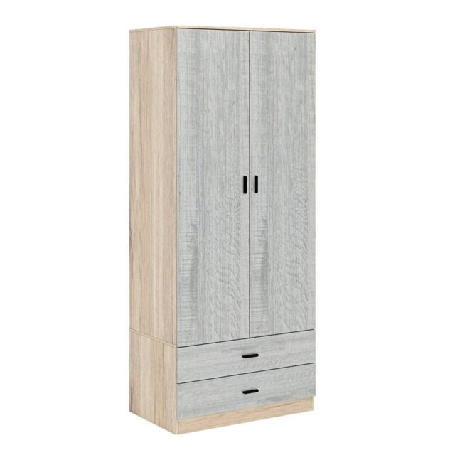 2-Door 2-Drawer Wardrobe with Storage Shelf, and Hanging Space - 180x75x46cm Brown Oak & Ash Grey 1