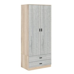 2-Door 2-Drawer Wardrobe with Storage Shelf, and Hanging Space - 180x75x46cm Brown Oak & Ash Grey 1