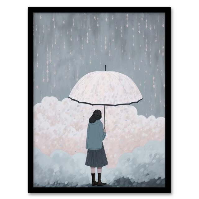 Pink Rain Minimalist Soft Pastel Clouds Home Decor Black Framed Wall Art Print A4