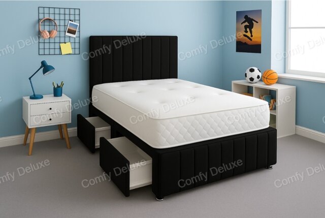 Black Plush 6ft Superking Divan Bed Set Headboard & Footboard - 2 Drawers Left Side Laying in Bed