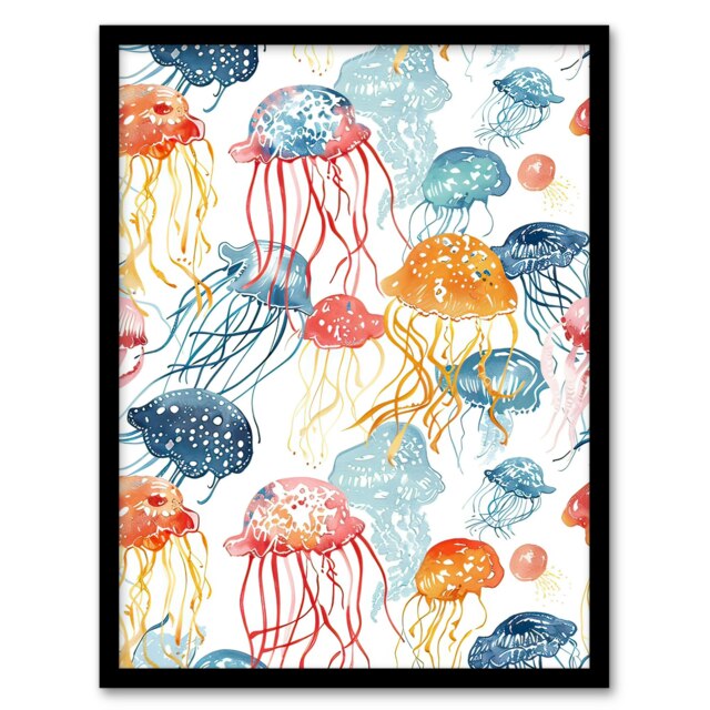 Jellyfish Blue Pink Orange Bright Watercolour Bathroom Black Framed Wall Art Print A4