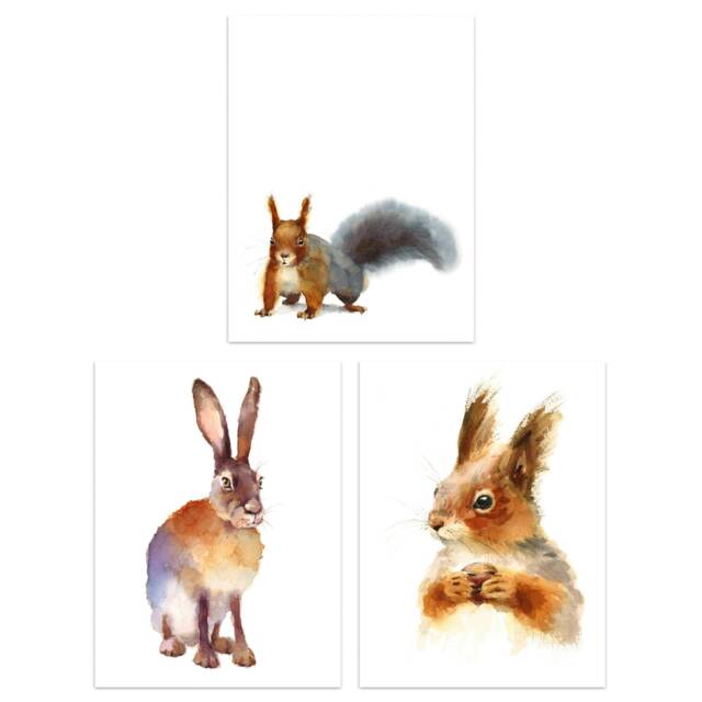 Set Of 3 Watercolour Woodland Red Squirrel Hare Rabbit Wall Art Prints 12X16 Inch