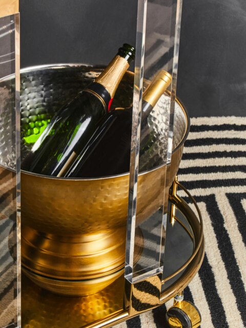 Interiors by Premier 2‑Tier Gold Metallic Drinks Trolley With Acrylic Support, Mirrored Glass Tray & Tempered Shelf, Serving Cart White