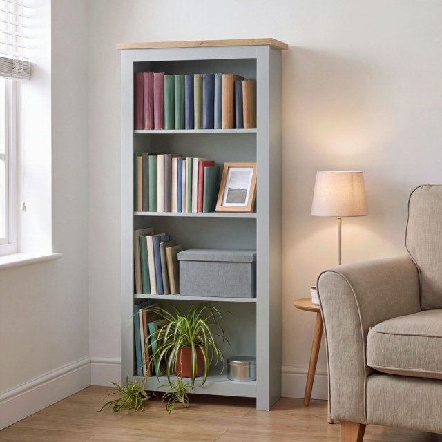Vida Designs Arlington 4 Tier Bookcase Shaker Style Display Storage, Grey & Oak