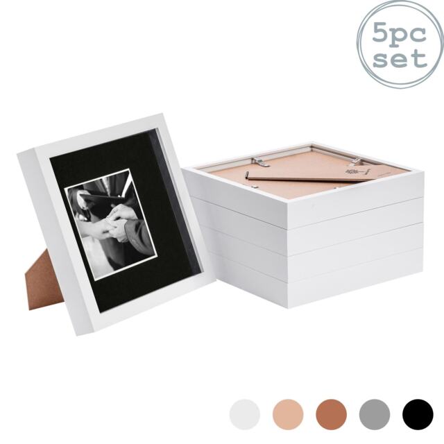 "Nicola Spring 8 x 8"" Photo Frames - White/Black Mount - 3D Picture Frame Box Portrait Display Case (22.5 x 22.5cm) Set of 5"