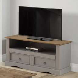 Mercers Furniture Corona Grey Wax Flat Screen TV Unit 2 Drawer Television Stand Wide Cabinet Solid Wood Pine Wooden with Mexican Styling