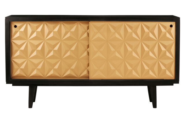 Mid Century Design Sideboard, Space Saving Sliding Doors Sideboard, Geometric Patterns Mid Century Sideboard Gold