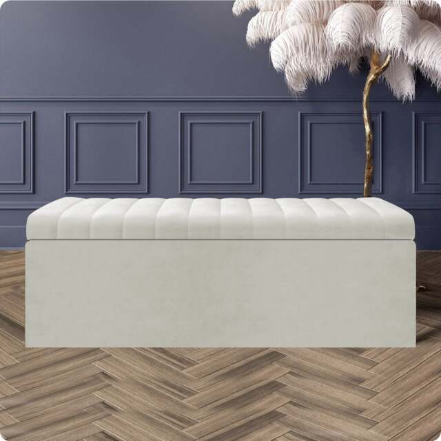 120cm Safar Large Striped Storage Ottoman Box, Cream Plush Velvet Upholstered Deep Storage Ottoman End of Bed Bench