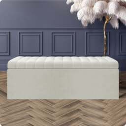 120cm Safar Large Striped Storage Ottoman Box, Cream Plush Velvet Upholstered Deep Storage Ottoman End of Bed Bench