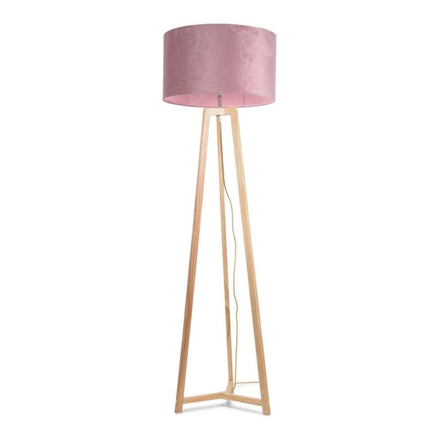 ValueLights Lottie Natural Wood Tripod Floor Lamp Blush Pink Velvet Shade Pink
