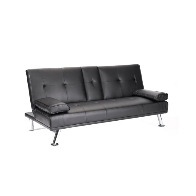 Odeon Faux Leather Click-Clack Sofa Bed with Cup Holders & Chrome Legs - Black Black Black 1