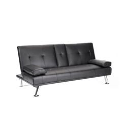 Odeon Faux Leather Click-Clack Sofa Bed with Cup Holders & Chrome Legs - Black Black Black 1