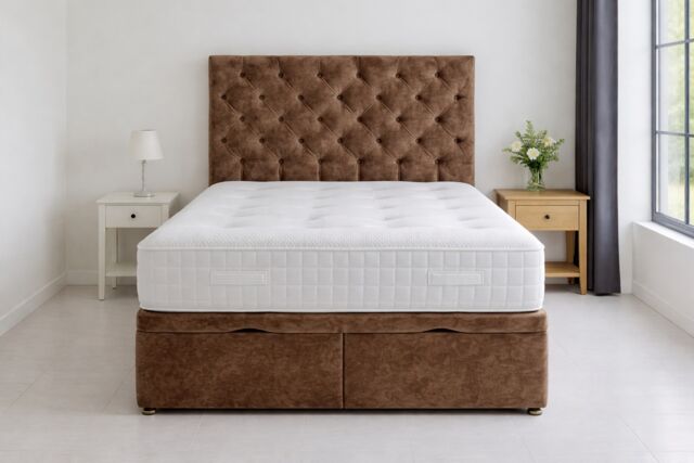 End Opening Ottoman Truffle Crush Velvet 4ft6 Double Bed Set Headboard and Mattress