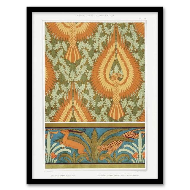 "Eagle Antelope and Tiger Patterns Vintage Framed Wall Art Print Verneuil 12x16"""