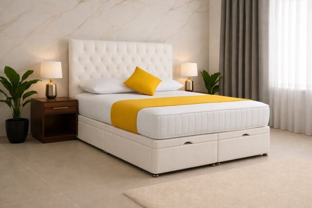 Ottoman Foot Lift White Plush Chesterfield 6ft Superking Bed Set with Headboard and Mattress