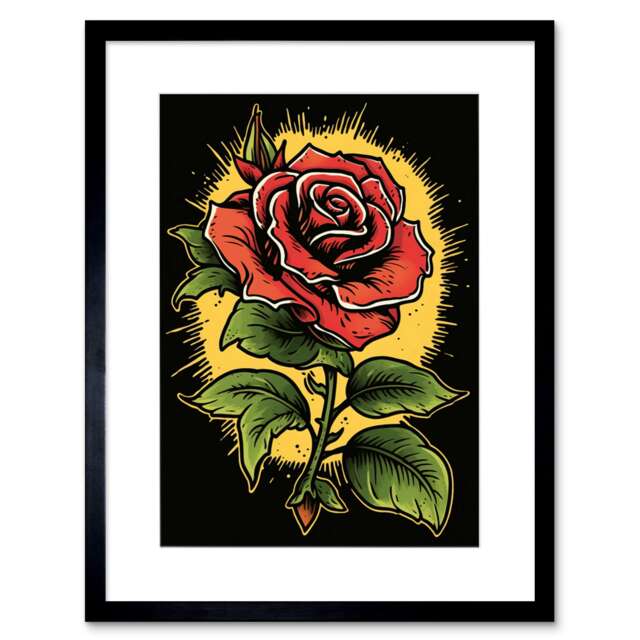 "A Single Rose Old School USA Tattoo Body Americana 50s 9x7"" Black Framed Wall Art Print"
