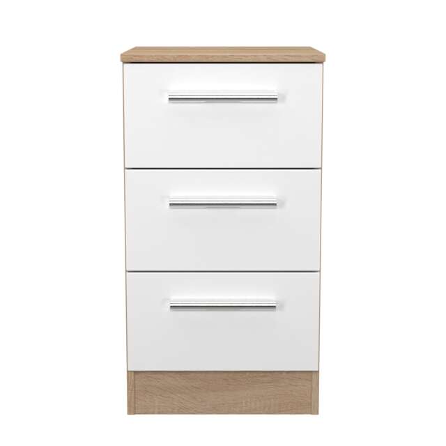 Trent 3 Drawer Bedside Cabinet in White Matt & Bardolino Oak (Ready Assembled) White White Matt & Bardolino Oak