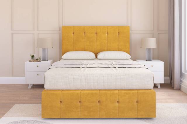 Sloomy Cambridge Mustard Plush Divan Bed Base 4 Drawers With 26 Inch Strutted Headboard & 12 Inch Matching Footboard Gold Mustard Small Double 1