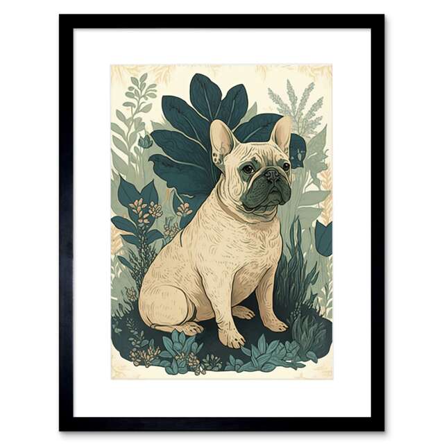 "French Bulldog Tropical Plants Modern Pastel Boho 9x7"" Black Framed Wall Art Print"