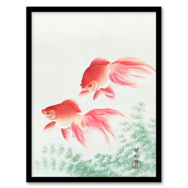 Ohara Koson Framed Wall Art Print Two Veiltail Goldfish in Pond Home Décor