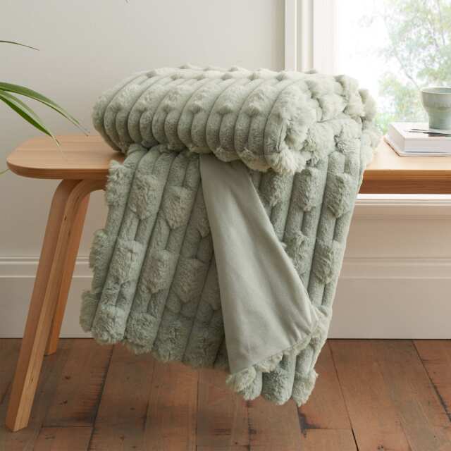 Bianca So Soft Carved Faux Fur Blanket Throw Green Sage Green