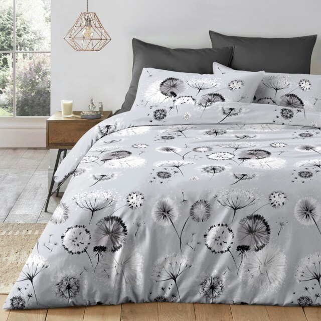 Velosso Dandelion Printed Cotton Blend Duvet Cover and Pillowcase Set Grey Single
