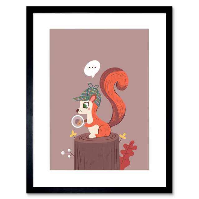 "Red Squirrel Acorn Detective Cartoon Kids Bedroom 9x7"" Black Framed Wall Art Print"