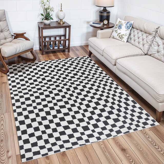 LIVABLISS Freud-Modern High Pile Checkered Rug 140 x 200 cm Black Ivory