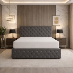 Small single grey chesterfield plush 2ft6 small single bed set storage 2 Drawers Right Side Laying in Bed