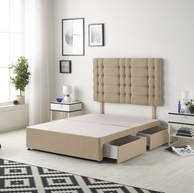 Astoria Divan Bed Base with 2 Drawers & 30 Inch Diamante Headboard in Plush Velvet Brown Beige King