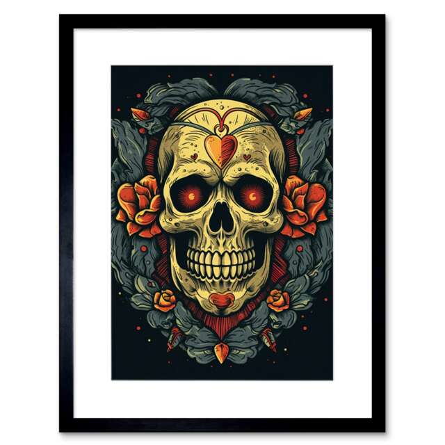 "Skull Roses Heart Tattoo Ink Body Americana 50s 9x7"" Black Framed Wall Art Print"