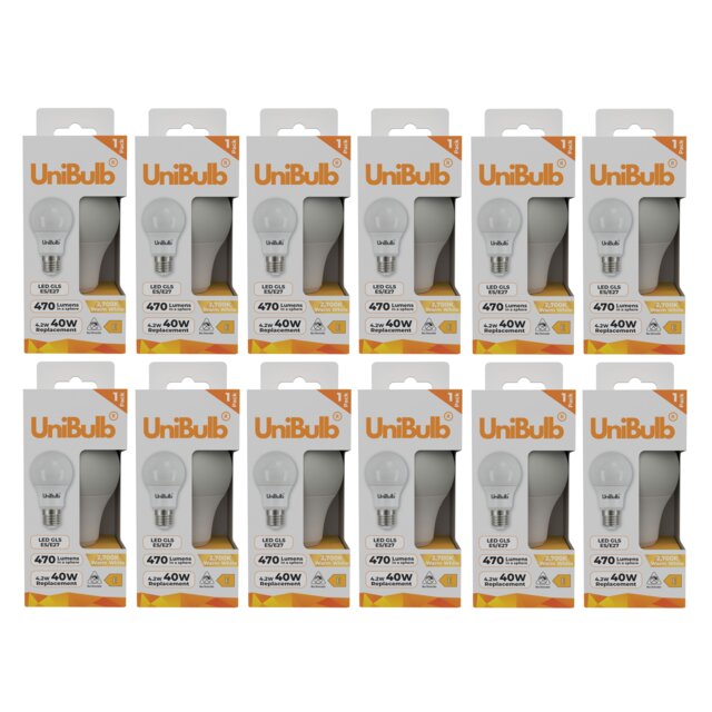 UniBulb LED GLS E27 Edison Screw (ES) 470lm 4.2W (Replaces 40W) 2700K (Warm White) Light Bulb - Pack of 12