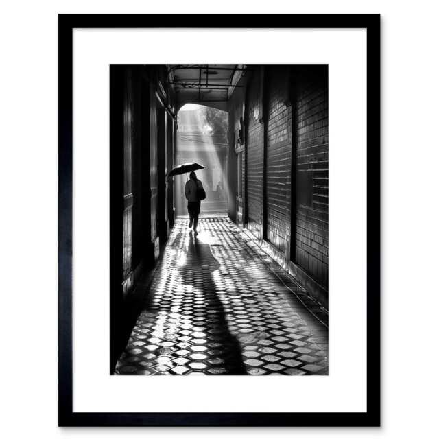 "Walking Through Alley Black White 9x7"" Black Framed Wall Art Print"
